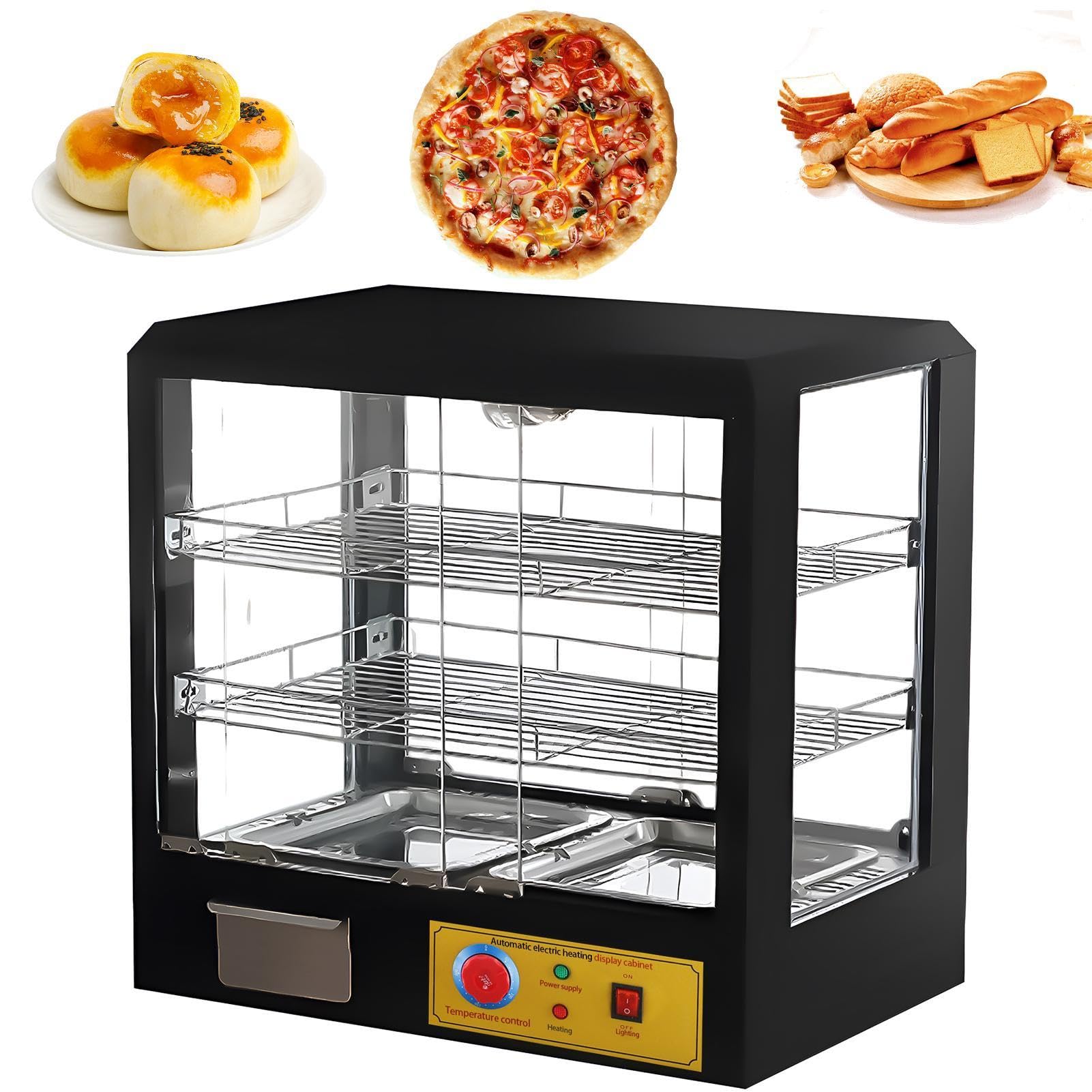 Hot Food Display Case, 3-Tier Glass Door Pastry Display Case, 500W Food Buffet Display for Pastry, Sandwich, Energy-Saving Restaurant Warmer