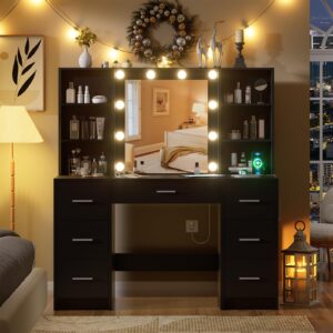 DINGIPP Large Vanity Desk with Mirror, 10 Lights and Power Outlet, Makeup Vanity with Shelves and 7 Drawers, Vanity Desk Dressing Table with 3 Color Light Adjustable, Vanity Table for Bedroom (Black)