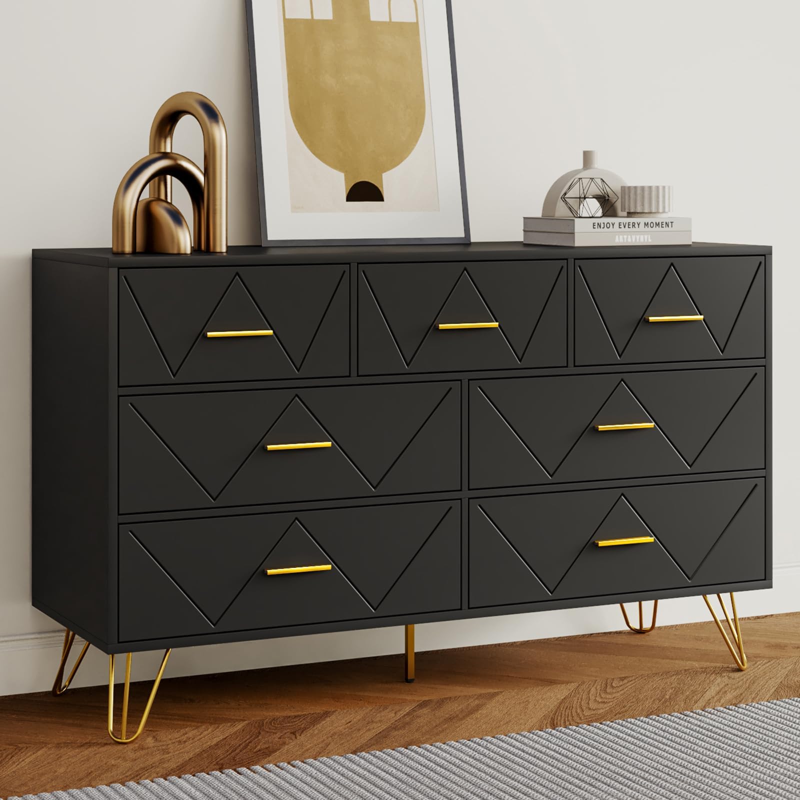 RESOM 7 Drawers Dresser for Bedroom, Black Dresser with Golden Legs & Handles, Wooden Chest of Drawer, Modern Dresser for Living Room, Hallway