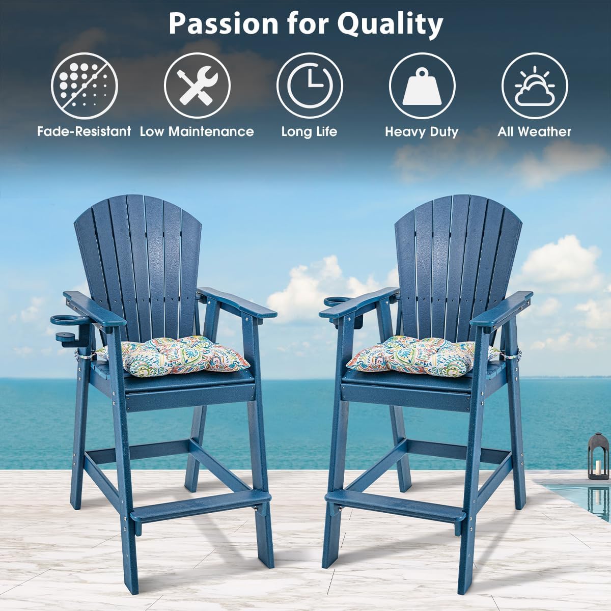 Sundale Outdoor Adirondack Bar Chairs Set of 2, Patio HDPE Bar Stools with Backrest, 30 Inch Seat Height Bistro Tall Dining Counter Barstools with Cushion, All-Weather Pub Height Chair, Navy Blue