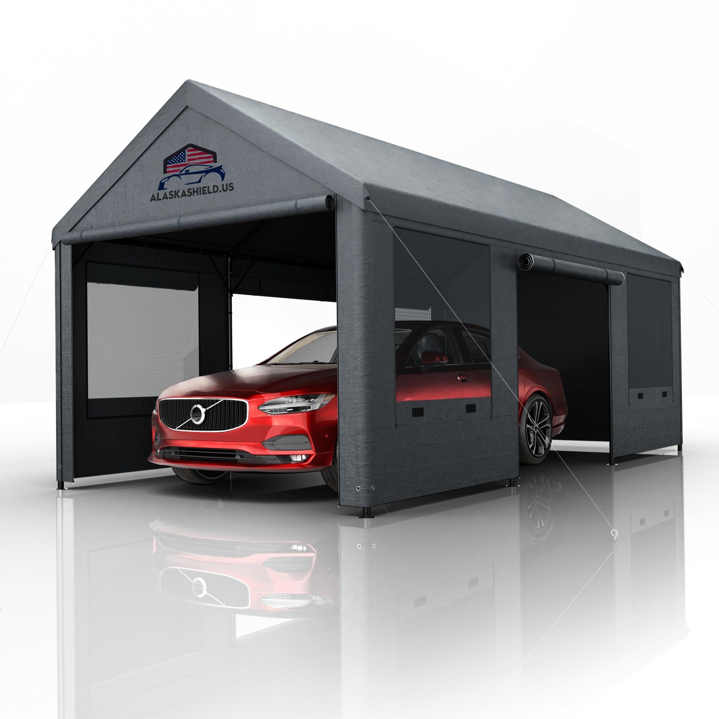 Alaskashield.US Carport 10'x 20' | Reinforced Heavy Duty Car Port | Height Adjustable Metal Tent | All Season PE Tarp Canopy | Portable Garage | 3 Roll-Up Doors & Removable Sidewalls | Dark Grey