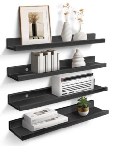 clkfdch 4 sets black floating shelves for wall 24 inches long wood wall shelves with lip picture ledge shelf for for wall decor storage bedroom living room bathroom kitchen (black)