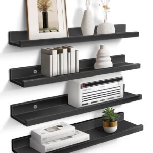 CLKFDCH 4 Sets Black Floating Shelves for Wall 24 Inches Long Wood Wall Shelves with Lip Picture Ledge Shelf for for Wall Decor Storage Bedroom Living Room Bathroom Kitchen (Black)