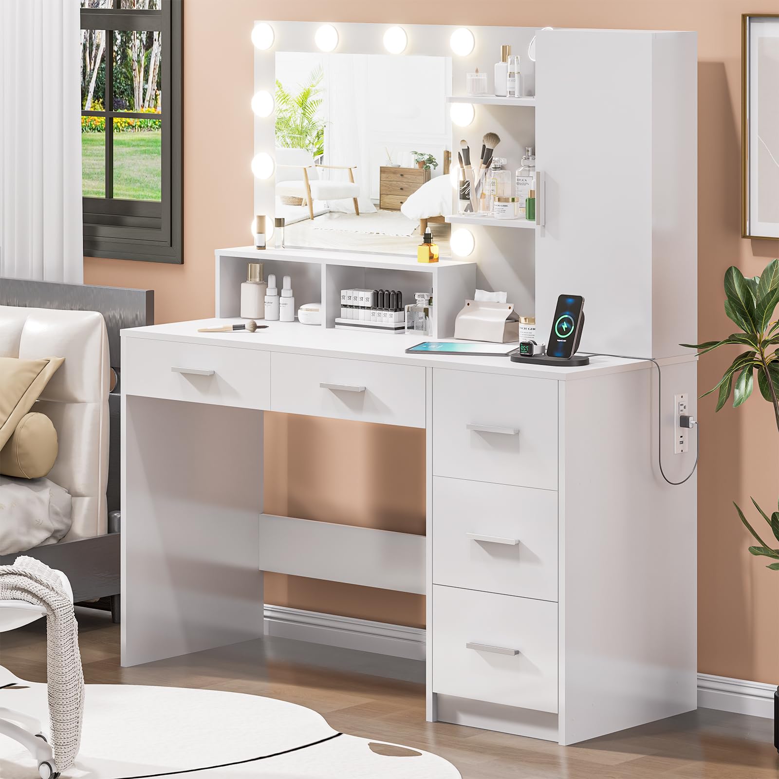 DINGIPP Makeup Vanity Desk with Mirror & Lights, Large Vanity Table with 5 Drawers, 1 Cabinet and 4 Hooks, Vanity Desk with Power Outlet & Adjustable Shelves, Dressing Table for Women, Girls (White)