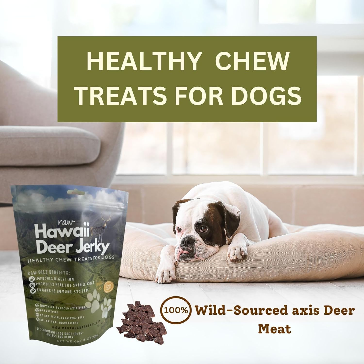 Deer Jerky Dog Treats - 100% Venison Meat, Grain-Free & All Natural | Healthy Chew Treats for Medium & Large Dogs | Made in USA - 8 Oz