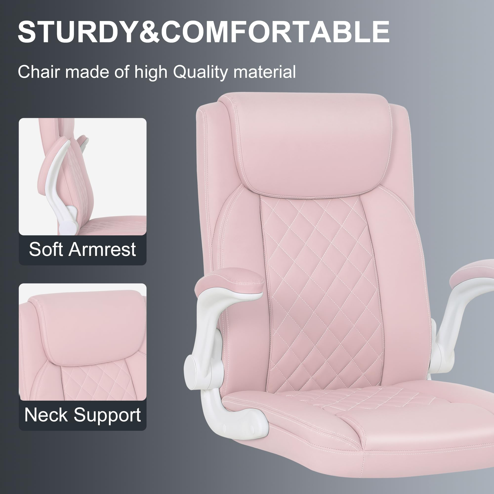 Misolant Big and Tall Office Chair, High Back Office Chair with Flip Up Armrest, PU Leather Office Executive Chair, Computer Desk Chair with Rocking Function Pink