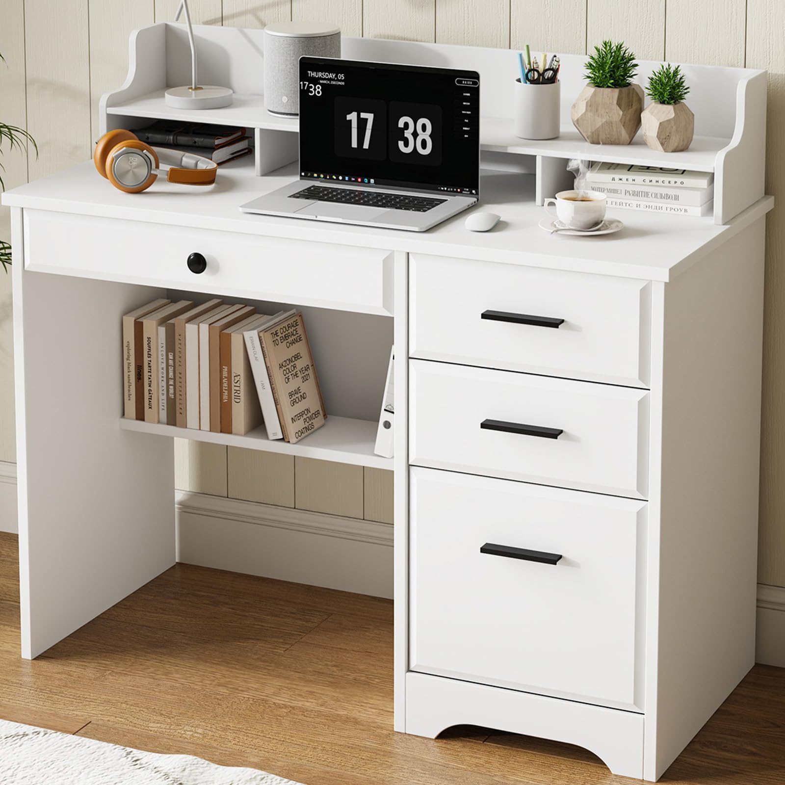 4 EVER WINNER Computer Desk with Drawers, 44 Inch Farmhouse Home Office Desk with Monitor Stand and File Drawer, Wood Study Writing Table for Small Spaces, Small Desk for Bedroom, White