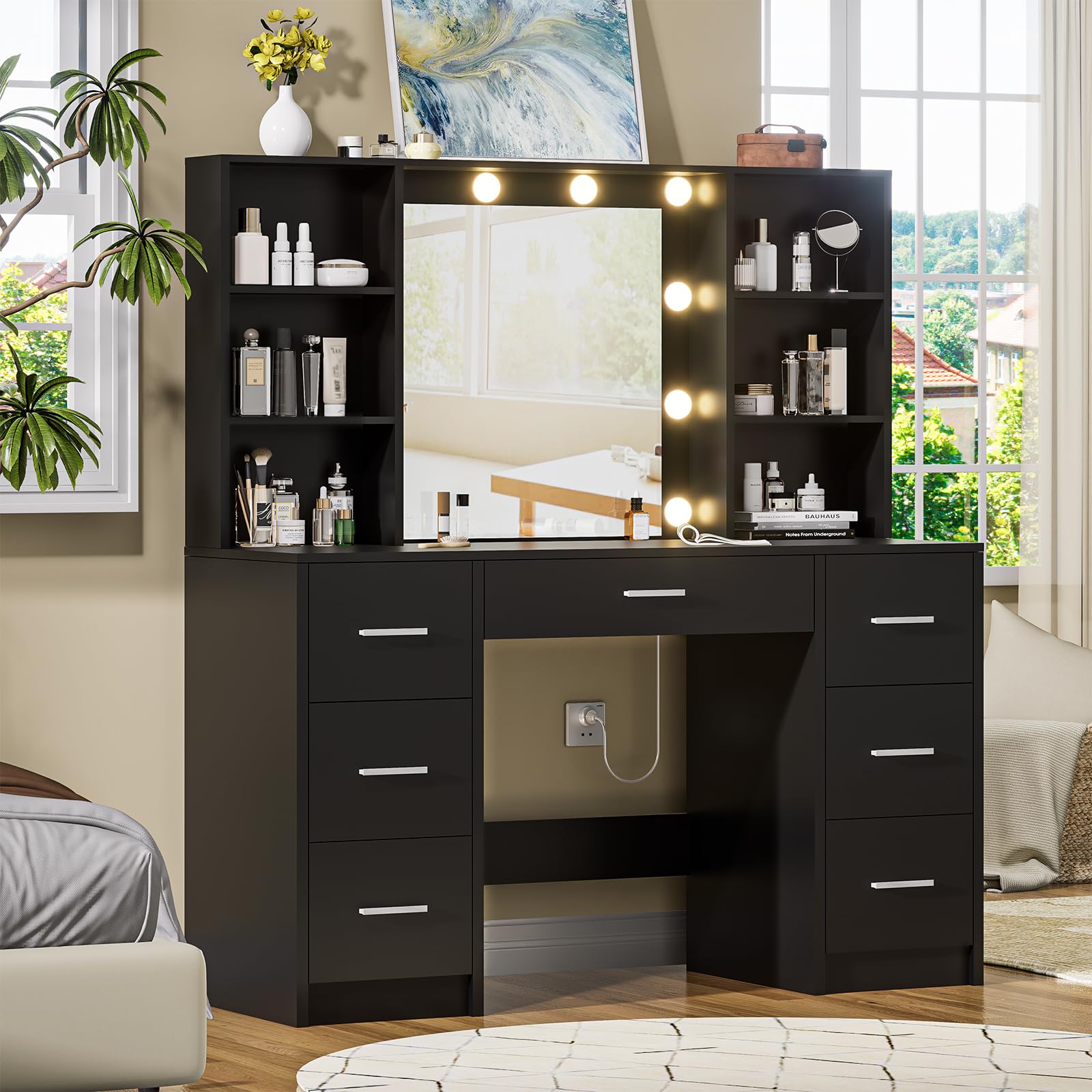 DINGIPP Large Vanity Desk with Mirror, 10 Lights and Power Outlet, Makeup Vanity with Shelves and 7 Drawers, Vanity Desk Dressing Table with 3 Color Light Adjustable, Vanity Table for Bedroom (Black)