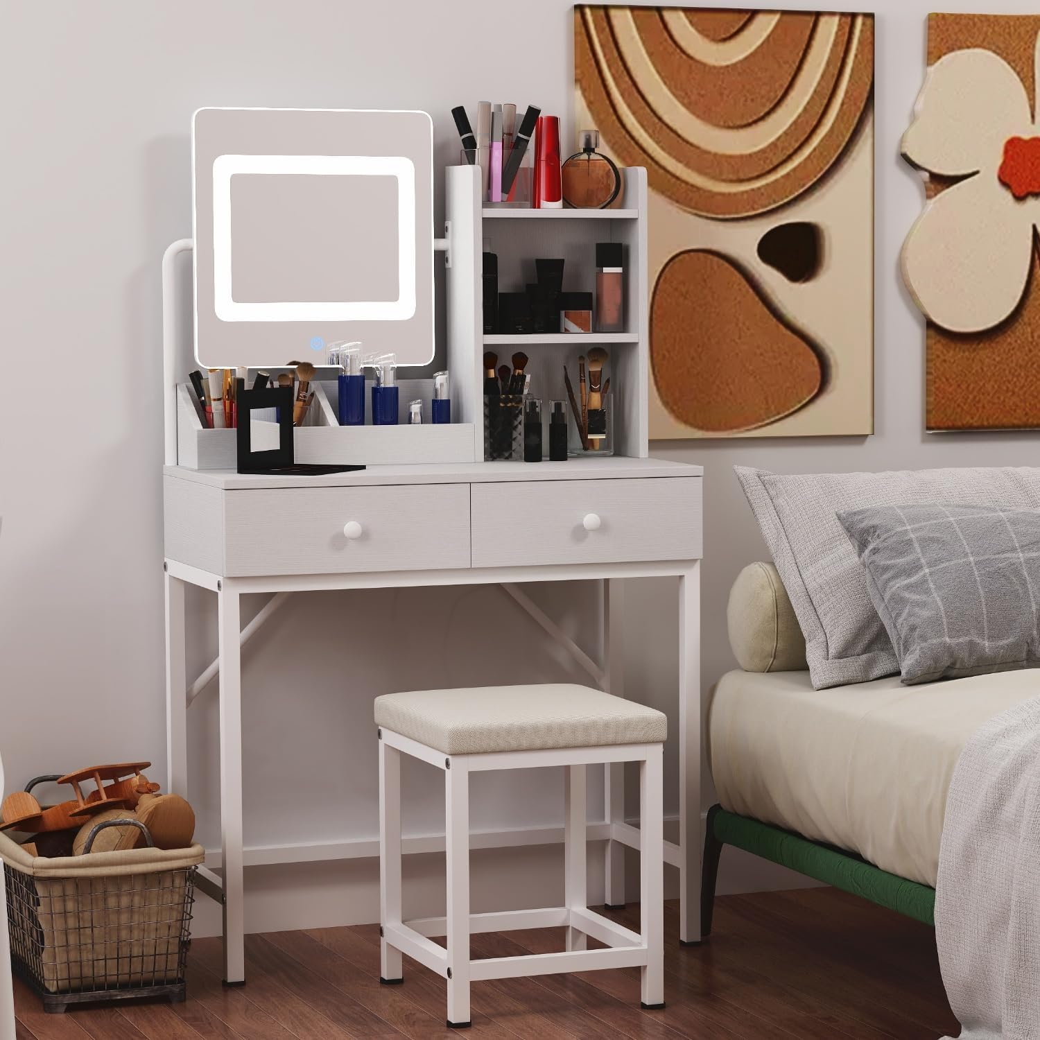 Gizoon Vanity Desk with Mirror and Lights Makeup Vanity Desk with Lights and Chair Small Vanity Table with Drawers for Girls Kids and Women in Bedroom Bathroom and Closet Room, White