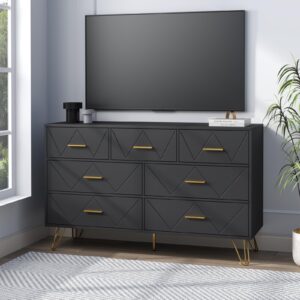 RESOM 7 Drawers Dresser for Bedroom, Black Dresser with Golden Legs & Handles, Wooden Chest of Drawer, Modern Dresser for Living Room, Hallway