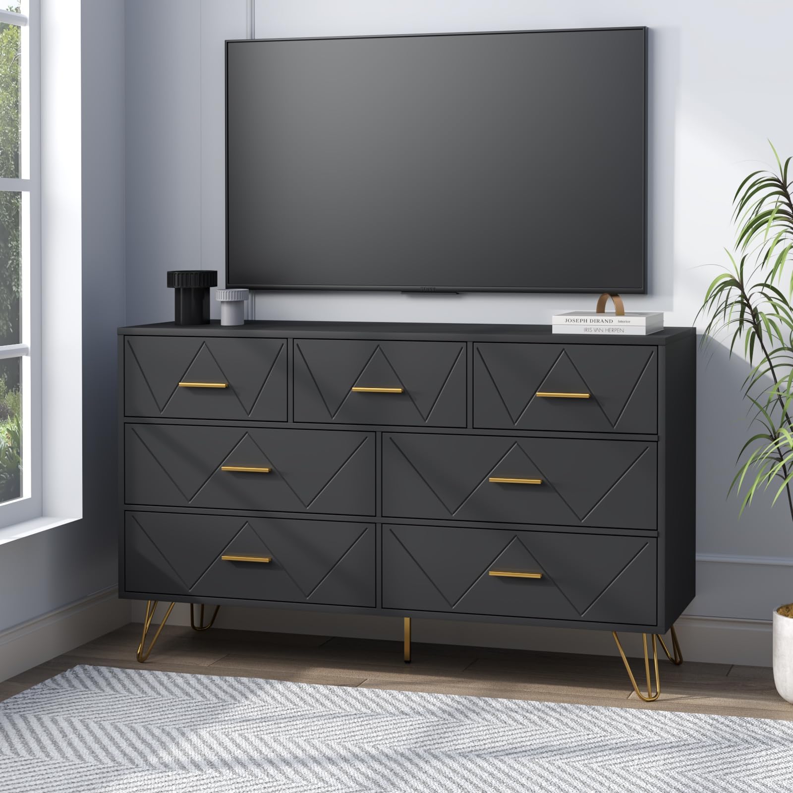 RESOM 7 Drawers Dresser for Bedroom, Black Dresser with Golden Legs & Handles, Wooden Chest of Drawer, Modern Dresser for Living Room, Hallway