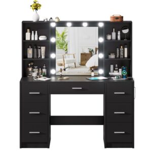 DINGIPP Large Vanity Desk with Mirror, 10 Lights and Power Outlet, Makeup Vanity with Shelves and 7 Drawers, Vanity Desk Dressing Table with 3 Color Light Adjustable, Vanity Table for Bedroom (Black)