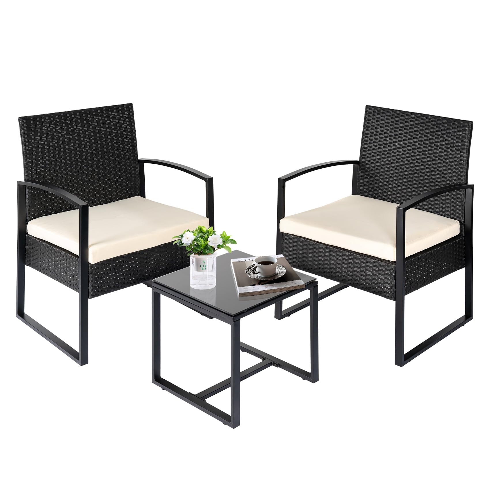 PatLoom 3-Piece Outdoor Patio Set – All-Weather Wicker Rattan Chairs with Cushions & Glass Coffee Table, Perfect for Backyard, Garden, Balcony, or Poolside Lounge Furniture