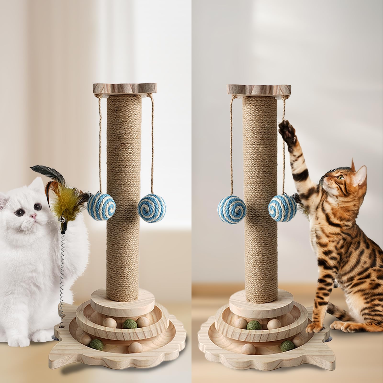 Cat Scratching Post, 4 in 1 Wooden Cat Scratcher Toy, 18" Tall Scratch Post with 2 Level Cat Track Balls, 2 Interactive Cat Feather Toys and 2 Sisal Hanging Balls for Indoor Kittens, Adult Cats