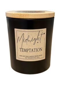 midnight temptation luxury scented candle | 8 oz 100% soy wax | wood wick | black jar | rich channel, wood, & tobacco caramel notes | fall candle collection