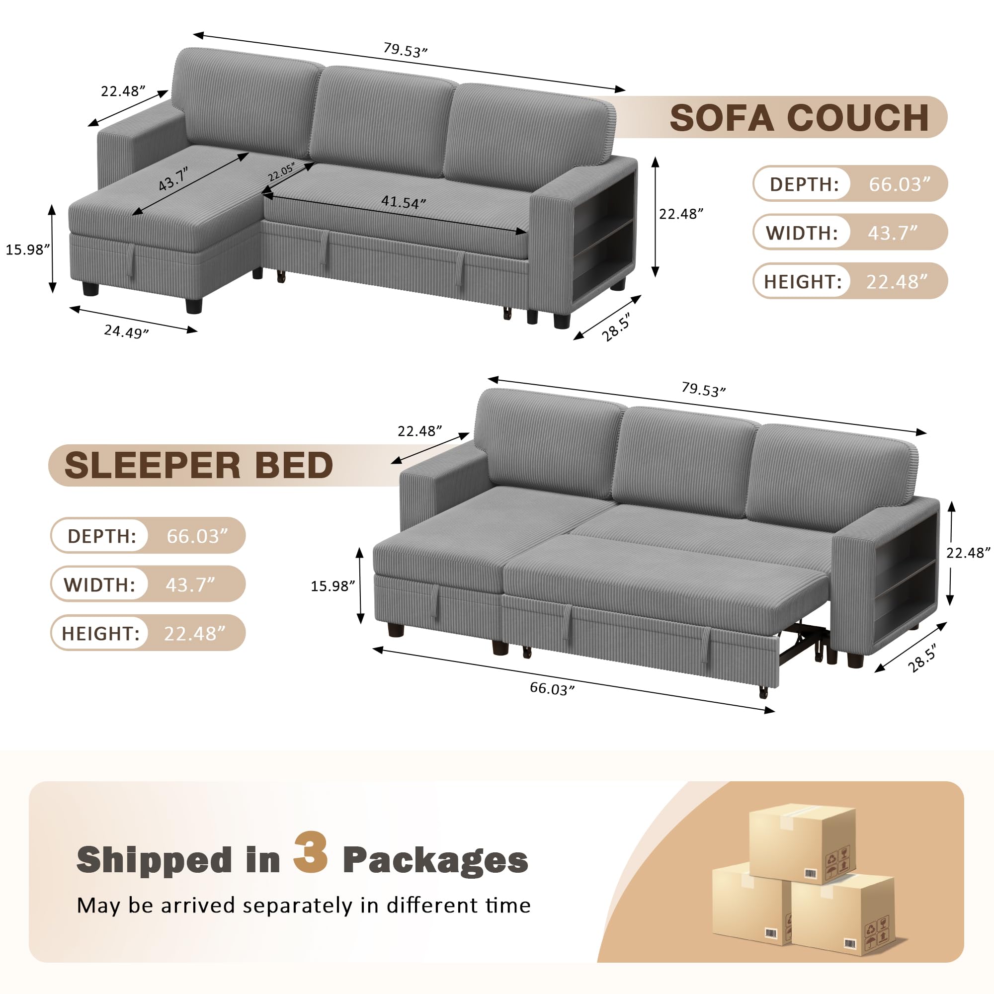 Flamaker 80" Sleeper Sofa, Sofa Bed with Built-in Large Storage and 2 Bookshelves, Convertible Sectional Sofa Couch, Pull Out Couch with USB, Modern Couches for Living Room (Corduroy, Light Grey)