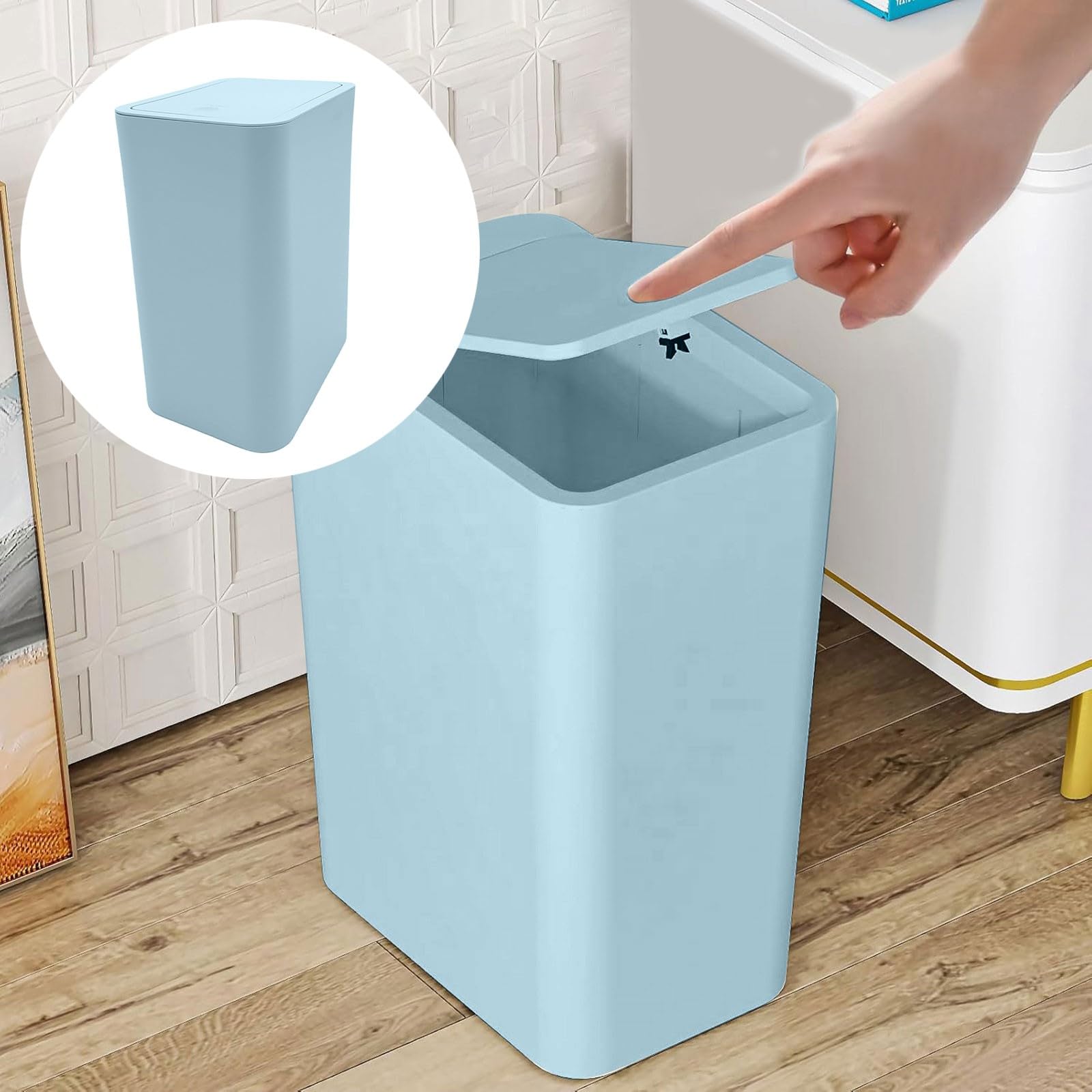 4 Gallon Bathroom Trash Can with Lid, 15 Liters Slim Garbage Can with Press Top, Dorm Room Small Trash Bin, Plastic Waste Basket for Bathroom, Office, Bedroom, Kitchen, Living Room, Laundry (Blue)