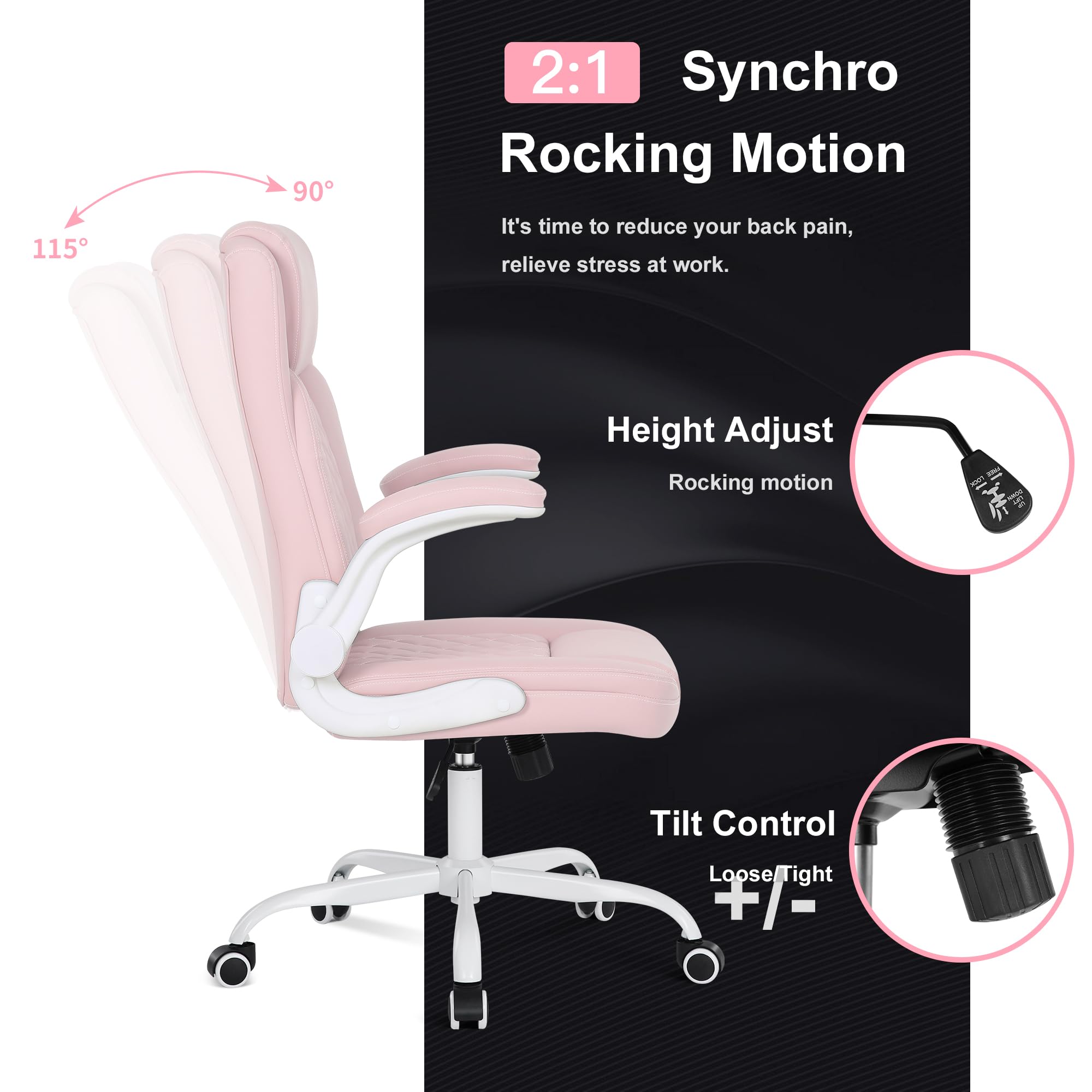 Misolant Big and Tall Office Chair, High Back Office Chair with Flip Up Armrest, PU Leather Office Executive Chair, Computer Desk Chair with Rocking Function Pink