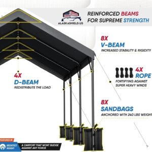 Alaskashield.US Carport 10'x 20' | Reinforced Heavy Duty Car Port | Height Adjustable Metal Tent | All Season PE Tarp Canopy | Portable Garage | 3 Roll-Up Doors & Removable Sidewalls | Dark Grey