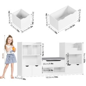 FOTOSOK 72” Kids Bookshelf with Reading Nook, Super Large Toy Storage Organizer with Seat Cushion and 3 Movable Drawers, Kids Reading Nook Toy Organizers and Storage with Bench for Living Room