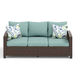 MIXPATIO Patio Couch Wicker 3-Seat Outdoor Brown Rattan Sofa Deep Seating Furniture Blue Cushion