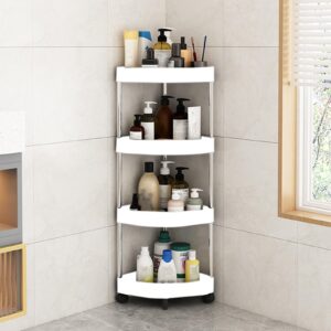 floor standing corner shower caddy storage shelf with detachable design, 4 tier bathroom corner shower caddy organizer with rolling wheels, space-saving corner storage rack with drainage holes (white)