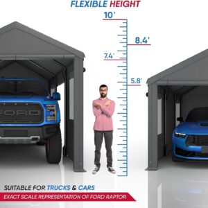 Alaskashield.US Carport 10'x 20' | Reinforced Heavy Duty Car Port | Height Adjustable Metal Tent | All Season PE Tarp Canopy | Portable Garage | 3 Roll-Up Doors & Removable Sidewalls | Dark Grey