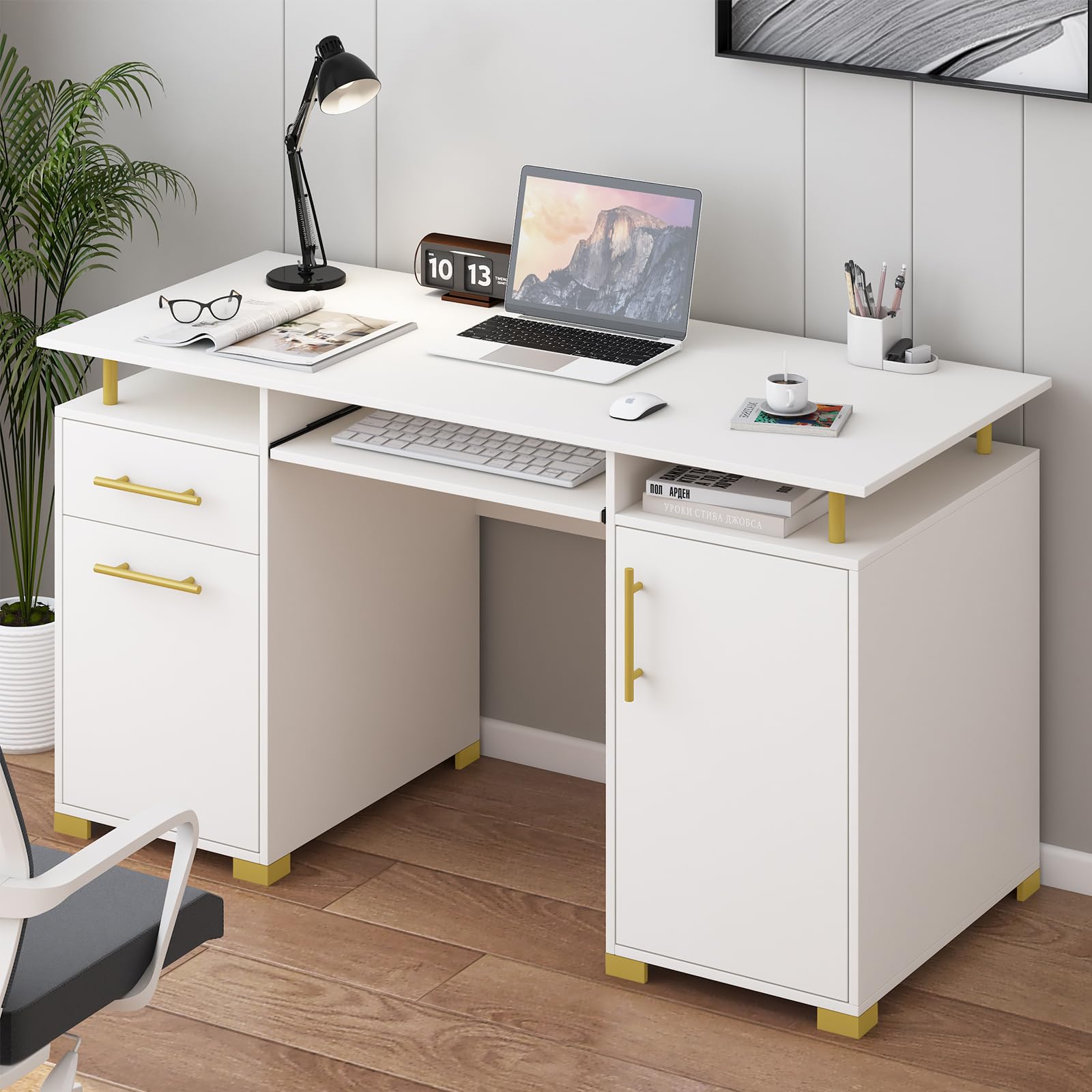 4 EVER WINNER White Desk with Storage, 55 Inch White and Gold Desk with Keyboard Tray, Wood Writing Study Table Home Office Desk with File Drawer, Storage Cabinet, Golden Handles, White