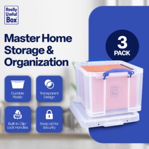 Really Useful Box 32 Liters Storage Bin Container with Snap Lid and Clip Lock Handles for Lidded Home and Office Storage Organization, 12 Pack