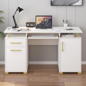 4 ever winner white desk with storage, 55 inch white and gold desk with keyboard tray, wood writing study table home office desk with file drawer, storage cabinet, golden handles, white