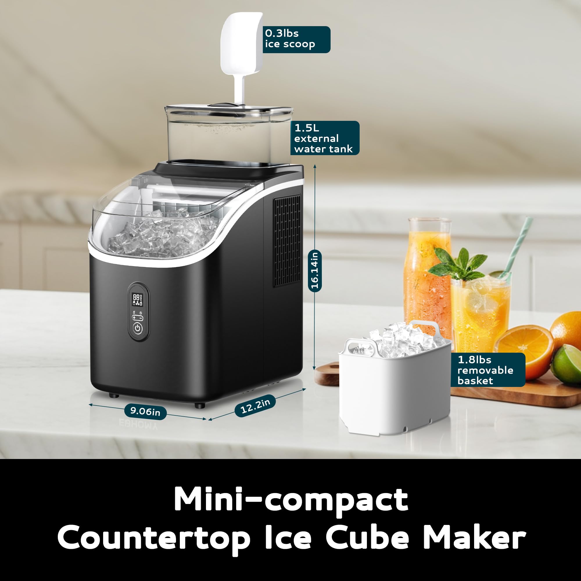 Countertop Ice Maker Machine, 34 Lbs, 16 Cubes in 13 Mins, Auto-Clean, Black