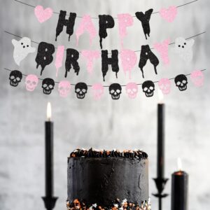 Black Glitter Halloween Birthday Banner Black and Pink Heart Skull Garland Halloween Happy Birthday Decorations for Halloween Birthday Party Decorations Theme Baby Shower Supplies