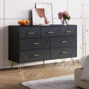 RESOM 7 Drawers Dresser for Bedroom, Black Dresser with Golden Legs & Handles, Wooden Chest of Drawer, Modern Dresser for Living Room, Hallway