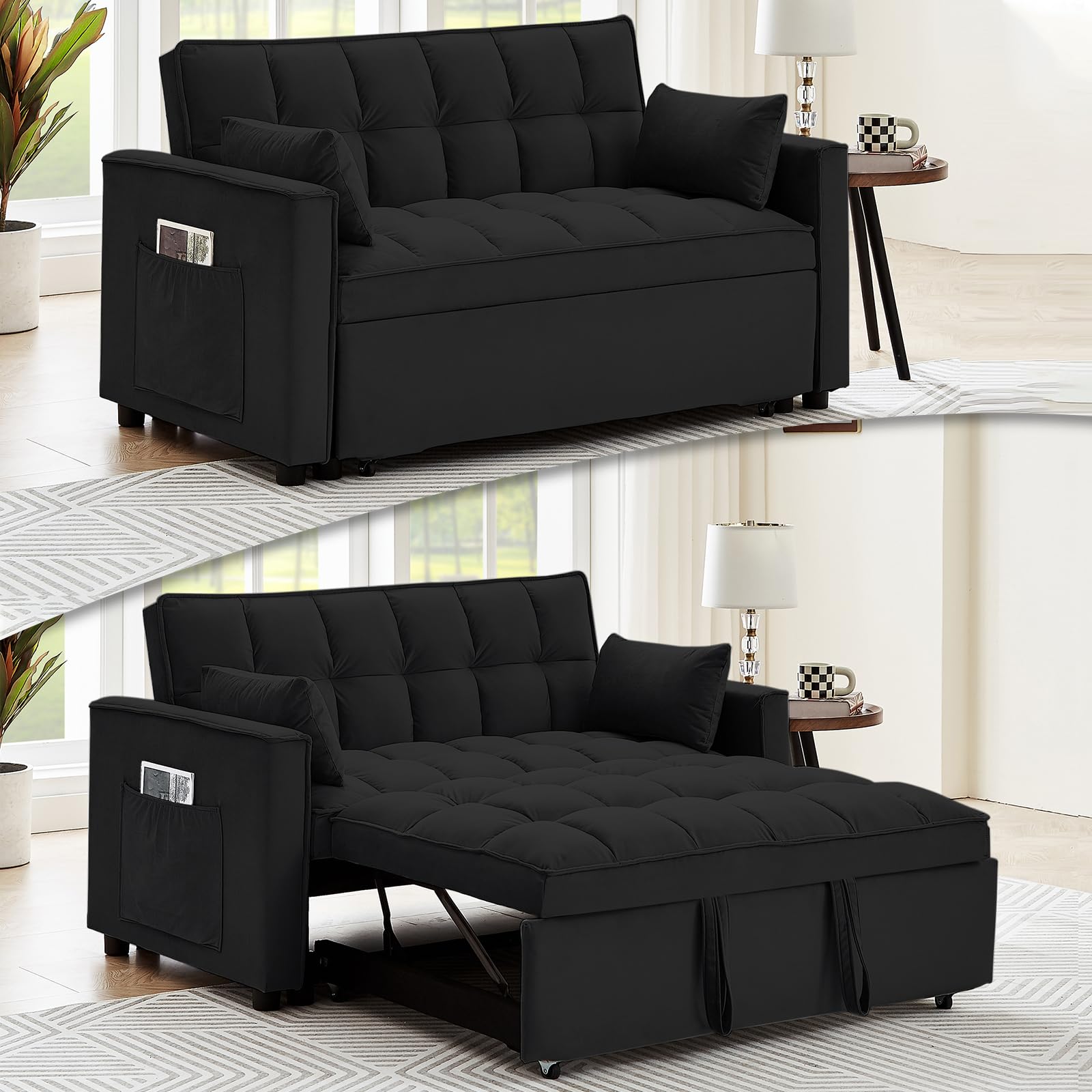 Wakefit 3 in 1 Convertible Sleeper Futon Sofa Bed with 2 Toss Pillows, 55 Inch Velvet Small Loveseat Lounge Couch with Reclining Backrest & Side Pockets for Living Room, Pull-Out Couch, Classic Black