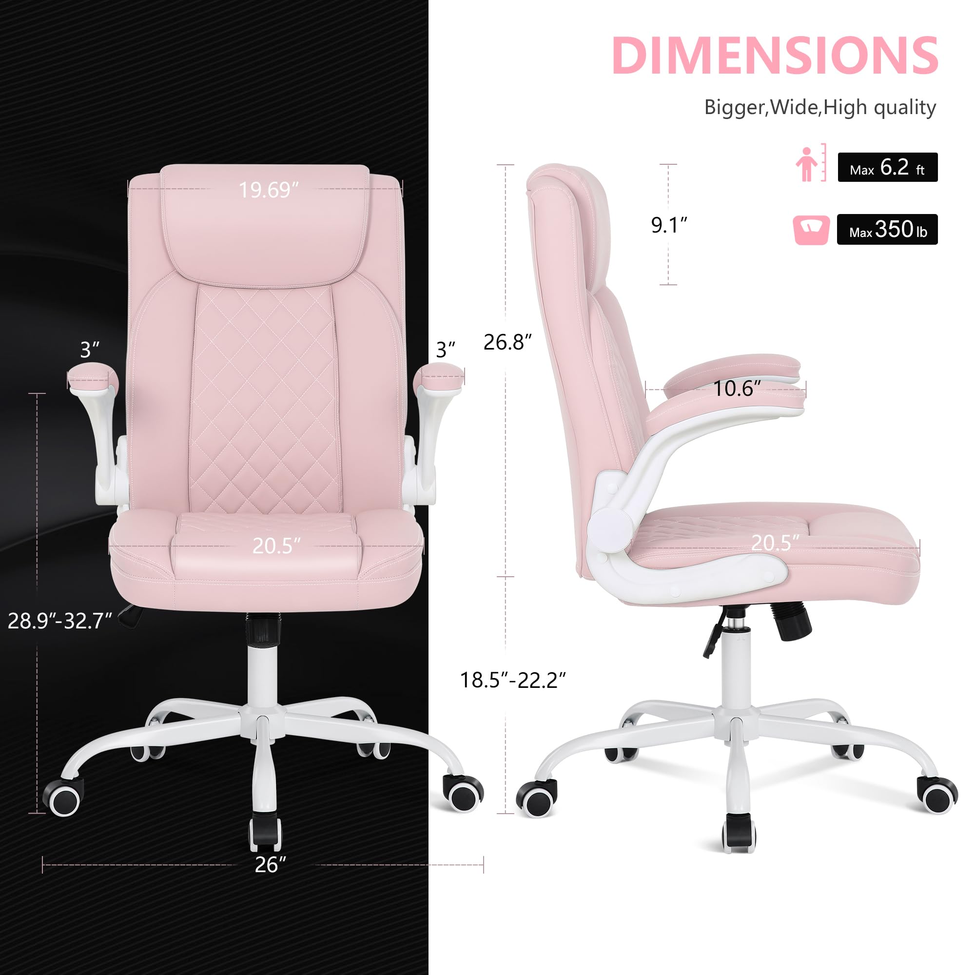 Misolant Big and Tall Office Chair, High Back Office Chair with Flip Up Armrest, PU Leather Office Executive Chair, Computer Desk Chair with Rocking Function Pink