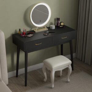 FUNKOCO Black Small Writing Desk with Drawers, 40 Inch Writing Desk for Home Office, Vanity Desk with Solid Wood Leg for Small Spaces