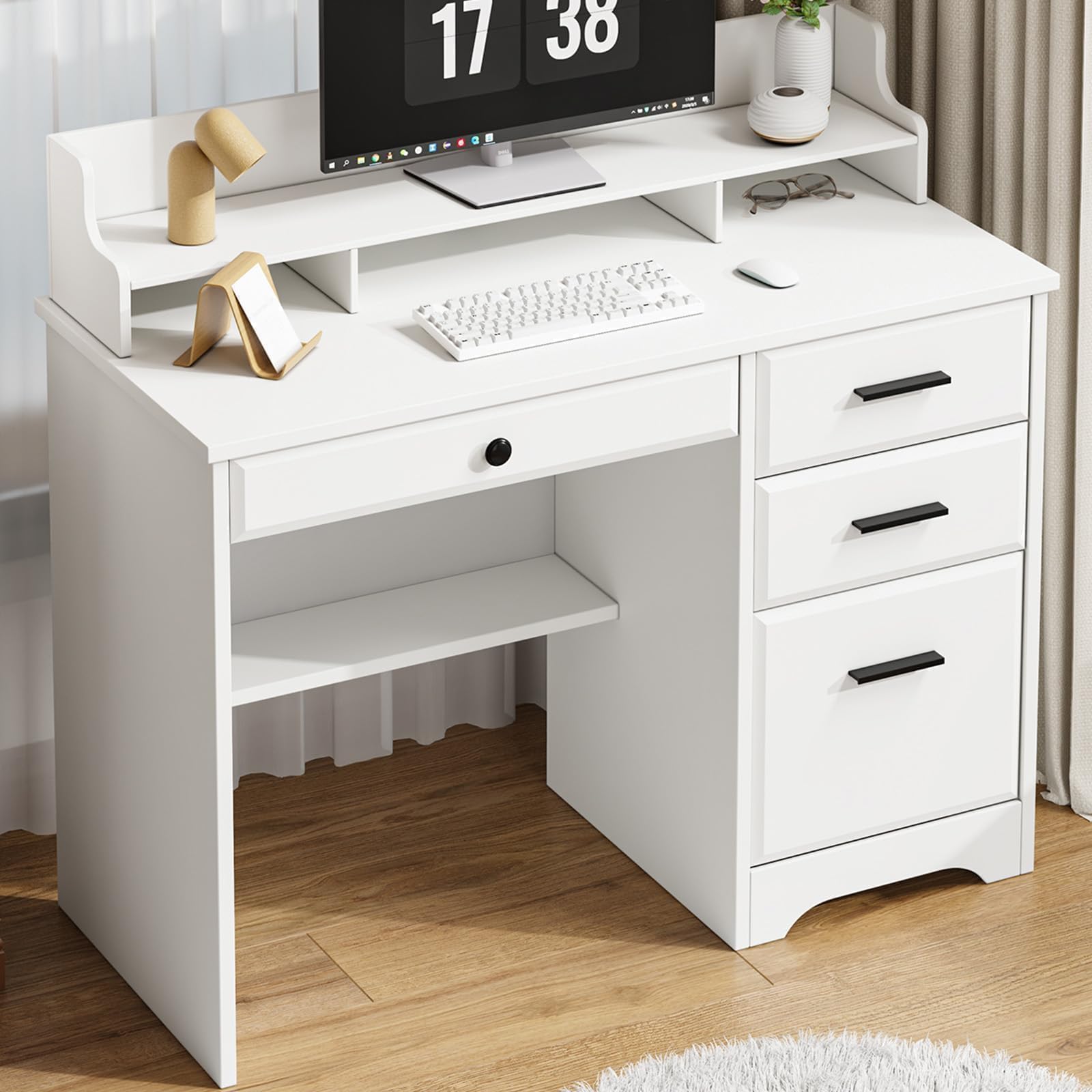 4 EVER WINNER Computer Desk with Drawers, 44 Inch Farmhouse Home Office Desk with Monitor Stand and File Drawer, Wood Study Writing Table for Small Spaces, Small Desk for Bedroom, White