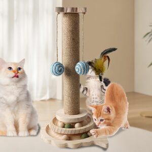 Cat Scratching Post, 4 in 1 Wooden Cat Scratcher Toy, 18" Tall Scratch Post with 2 Level Cat Track Balls, 2 Interactive Cat Feather Toys and 2 Sisal Hanging Balls for Indoor Kittens, Adult Cats