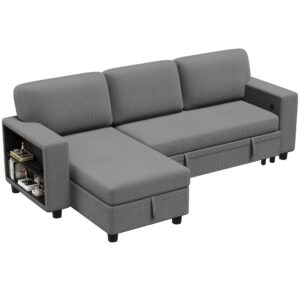 Flamaker 80" Sleeper Sofa, Sofa Bed with Built-in Large Storage and 2 Bookshelves, Convertible Sectional Sofa Couch, Pull Out Couch with USB, Modern Couches for Living Room (Corduroy, Light Grey)