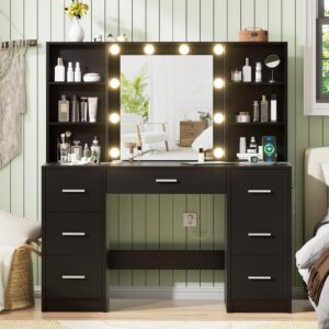 DINGIPP Large Vanity Desk with Mirror, 10 Lights and Power Outlet, Makeup Vanity with Shelves and 7 Drawers, Vanity Desk Dressing Table with 3 Color Light Adjustable, Vanity Table for Bedroom (Black)