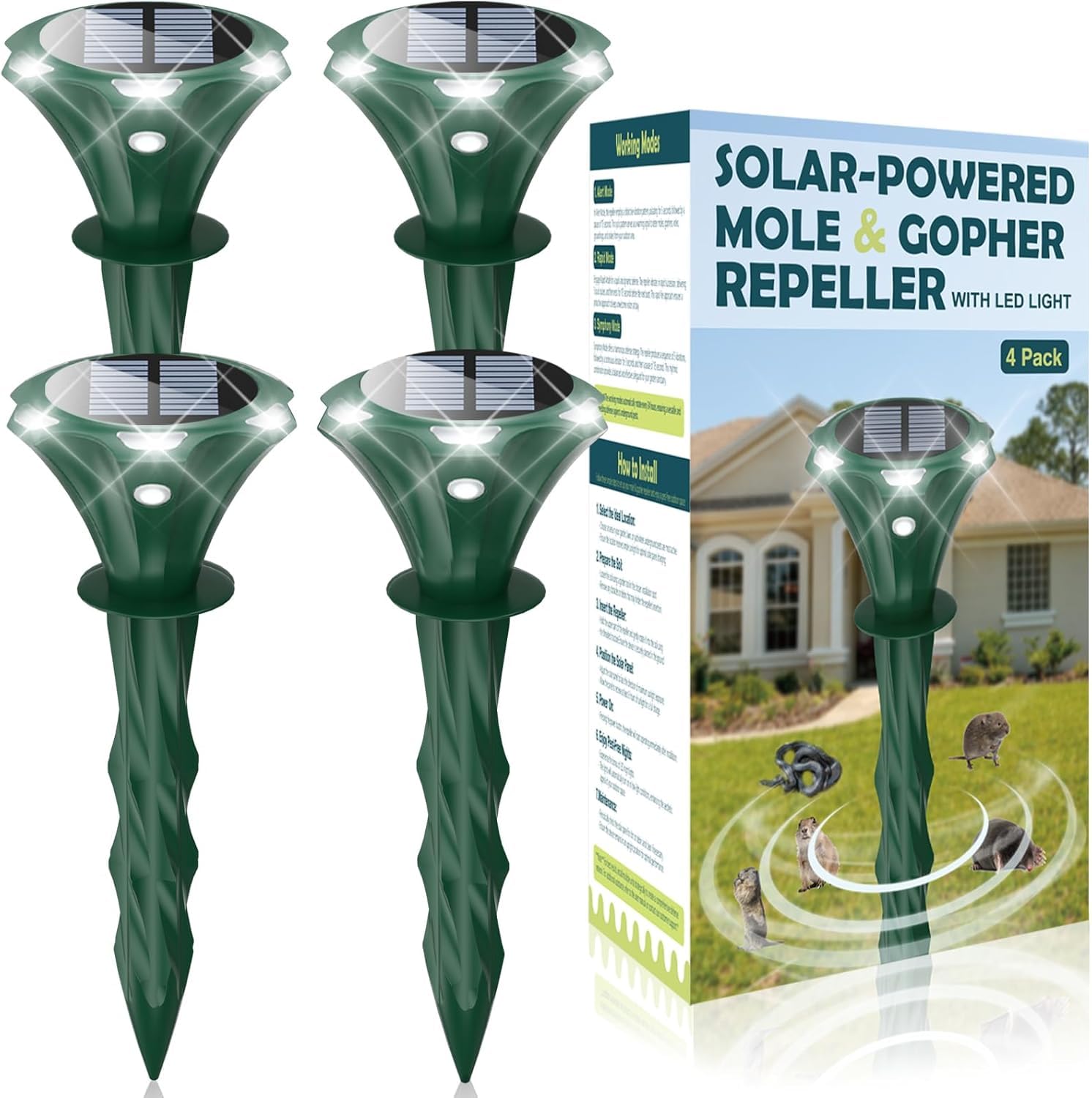 Pack of 4 Solar Mole Repellent Sonic Gopher Repellent Vole Chaser Mole Deterrent Sonic Spikes Rodent Repellent Ultrasonic Pest Control Outdoor Keep Moles Out of Yard Lawn