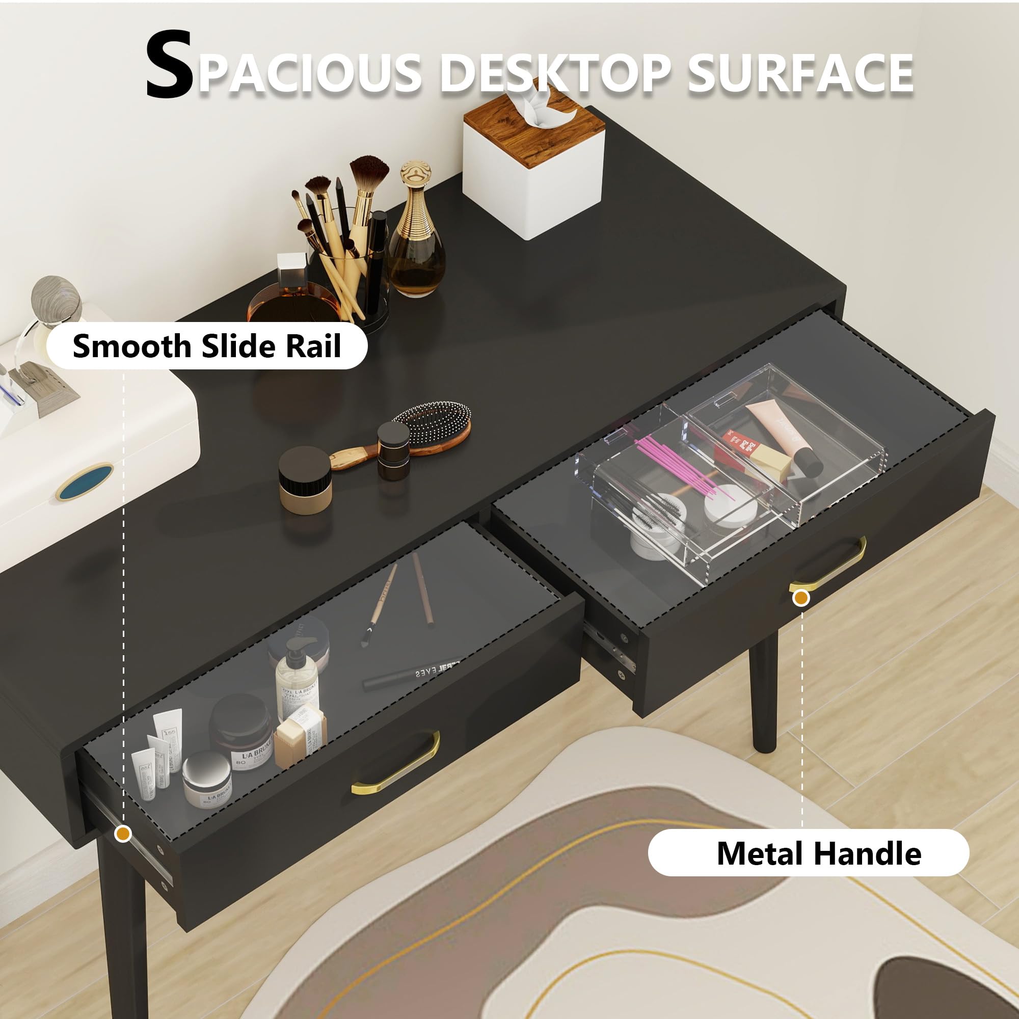 FUNKOCO Black Small Writing Desk with Drawers, 40 Inch Writing Desk for Home Office, Vanity Desk with Solid Wood Leg for Small Spaces