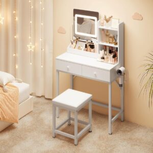 Gizoon Vanity Desk with Mirror and Lights Makeup Vanity Desk with Lights and Chair Small Vanity Table with Drawers for Girls Kids and Women in Bedroom Bathroom and Closet Room, White