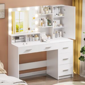 DINGIPP Makeup Vanity Desk with Mirror & Lights, Large Vanity Table with 5 Drawers, 1 Cabinet and 4 Hooks, Vanity Desk with Power Outlet & Adjustable Shelves, Dressing Table for Women, Girls (White)