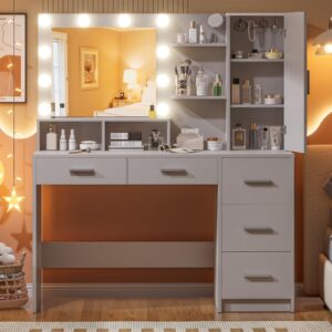 DINGIPP Makeup Vanity Desk with Mirror & Lights, Large Vanity Table with 5 Drawers, 1 Cabinet and 4 Hooks, Vanity Desk with Power Outlet & Adjustable Shelves, Dressing Table for Women, Girls (White)