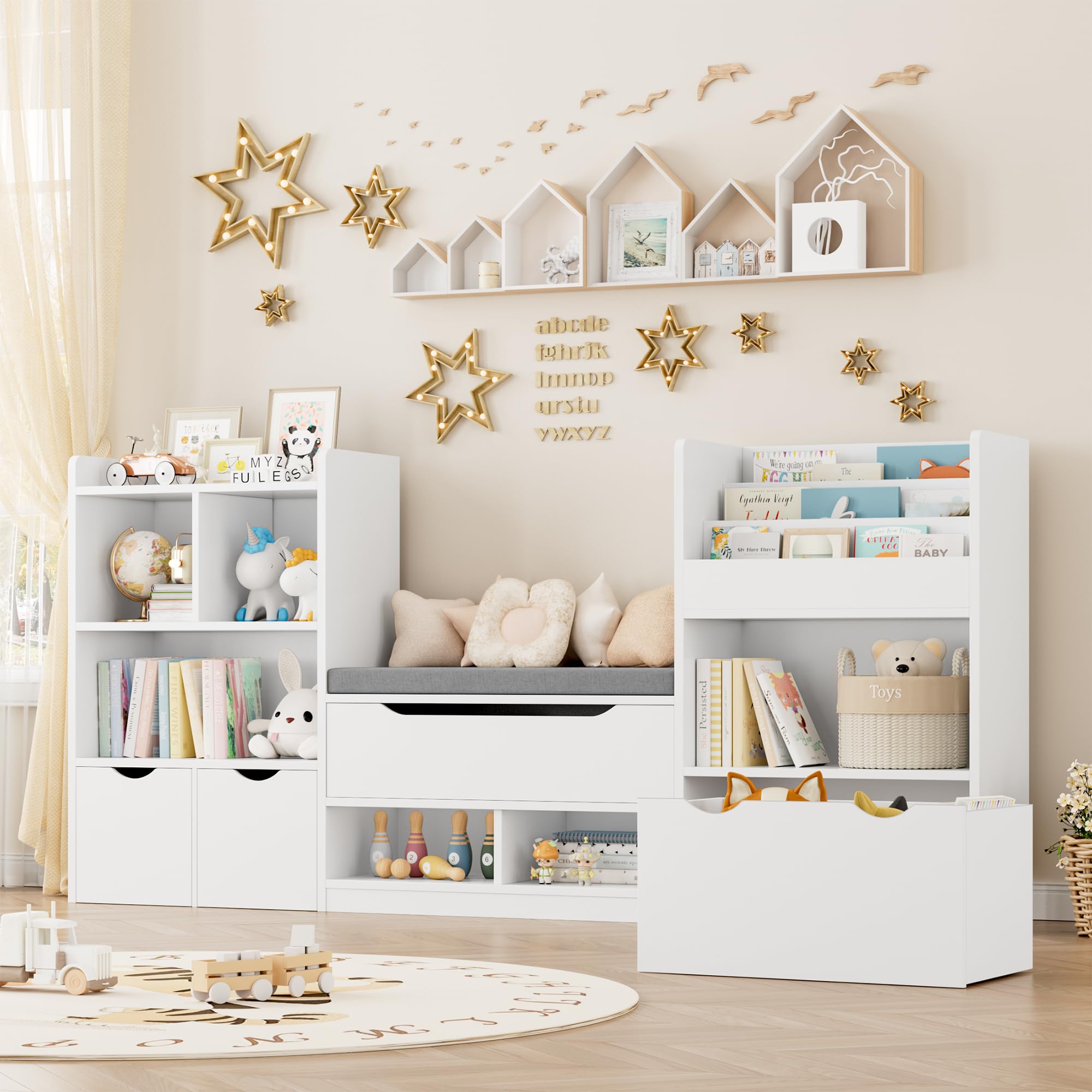 FOTOSOK 72” Kids Bookshelf with Reading Nook, Super Large Toy Storage Organizer with Seat Cushion and 3 Movable Drawers, Kids Reading Nook Toy Organizers and Storage with Bench for Living Room