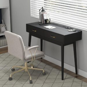 FUNKOCO Black Small Writing Desk with Drawers, 40 Inch Writing Desk for Home Office, Vanity Desk with Solid Wood Leg for Small Spaces