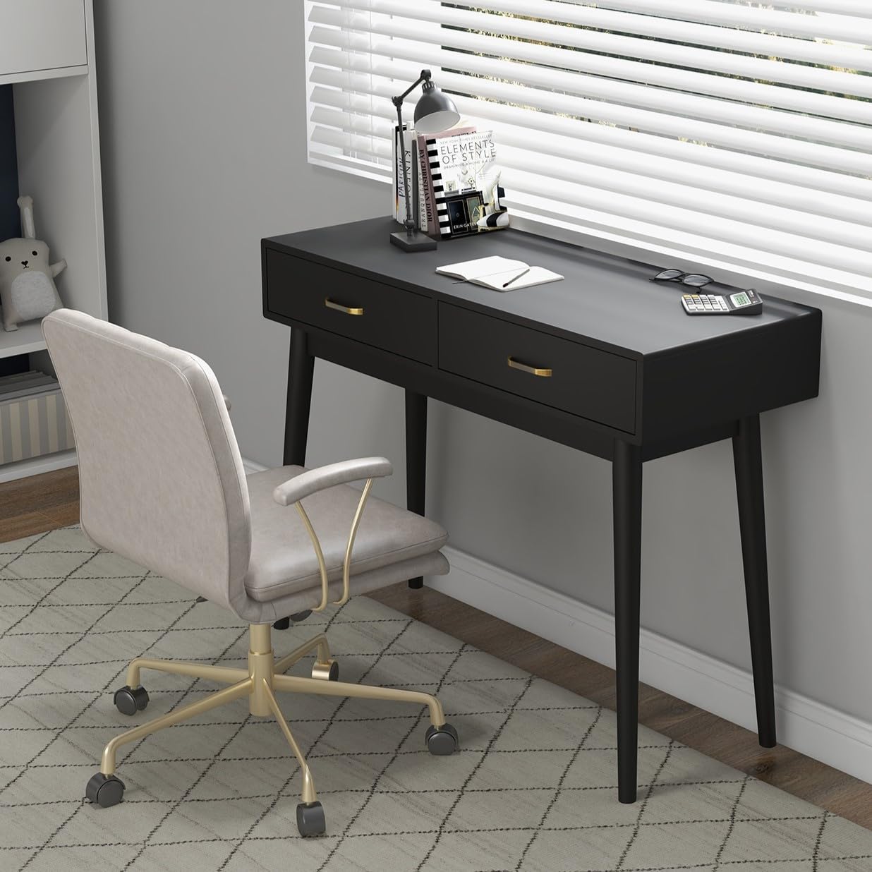 FUNKOCO Black Small Writing Desk with Drawers, 40 Inch Writing Desk for Home Office, Vanity Desk with Solid Wood Leg for Small Spaces