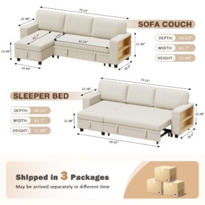 Flamaker 80" Sleeper Sofa, Sofa Bed with Built-in Large Storage and 2 Bookshelves, Convertible Sectional Sofa Couch, Pull Out Couch with USB, Modern Couches for Living Room (Corduroy, Light Beige)