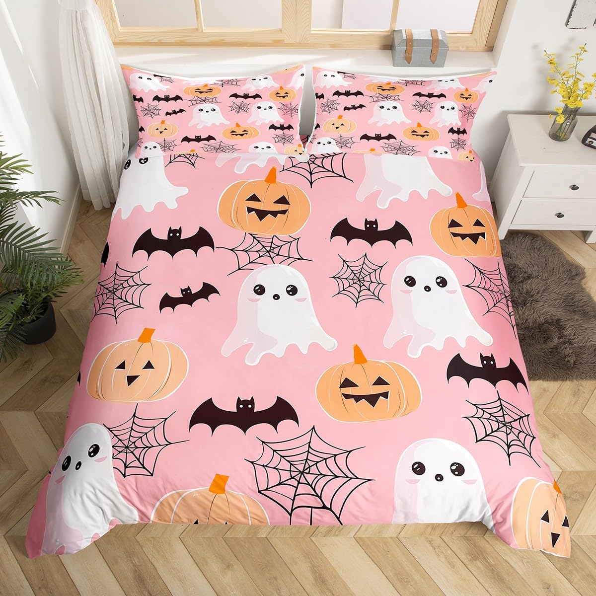 Erosebridal Pink Halloween Duvet Cover King, Pumpkin Lantern Bedding Set for Kids Girls, Cartoon Ghost Bat Comforter Cover Gothic Spooky Spider Web Bed Set Halloween Decoration with 2 Pilow Cases